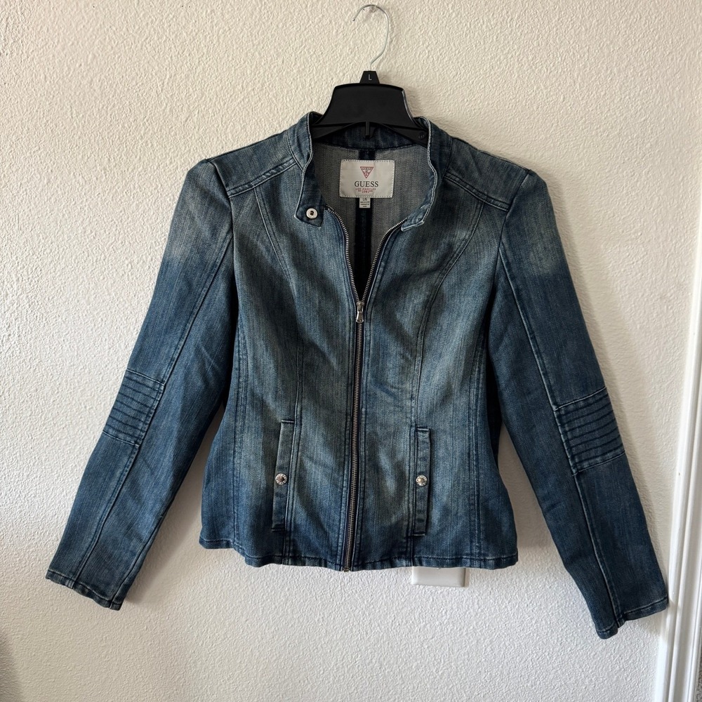 Vtg Y2K Guess Denim Moto Jacket S/M Zip Up Ribbed Medium Wash Biker Indie Sleaze